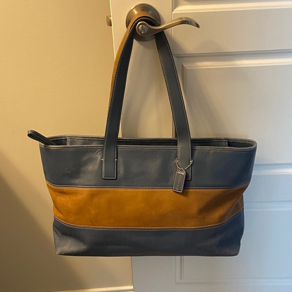 Coach Blue and Tan Leather Tote Bag - Picture 1 of 14